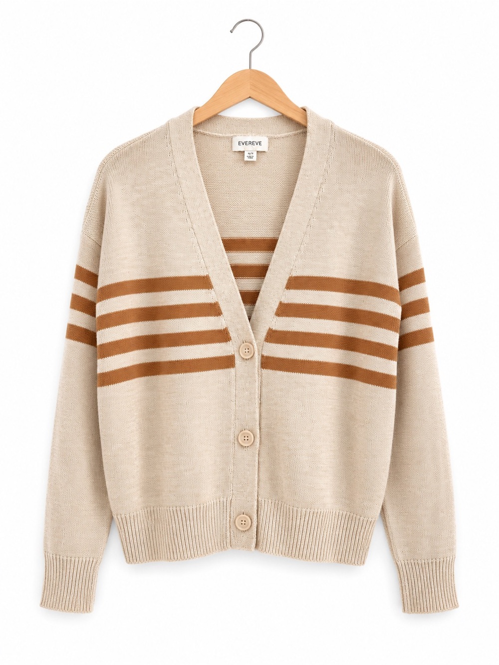 Evereve Oatmeal Stripe Button Cardigan Sweater Small Coastal Grandmother Neutral